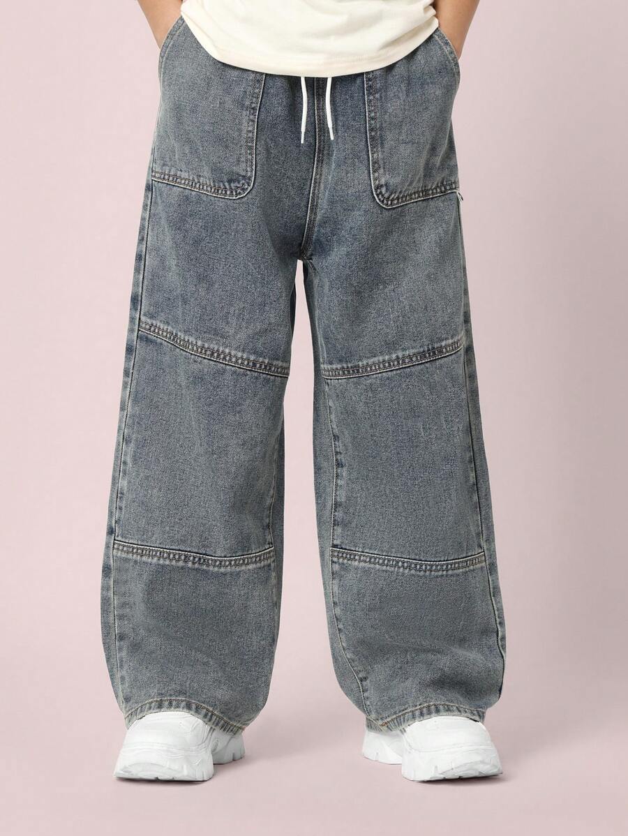 SUMWON 男女通用阔腿牛仔裤，撞色拼接，秋冬休闲街头风格，宽松木匠裤，高腰套脚溜冰时尚