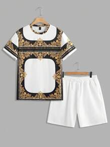 Manfinity Homme Męski graficzny nadruk, okrągły dekolt, krótki rękaw, top i spodenki, swobodny strój