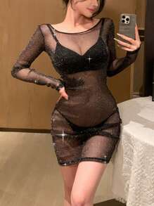 DAZY Camisón sexy de ajuste ceñido con hilo plateado transparente y tejido de malla