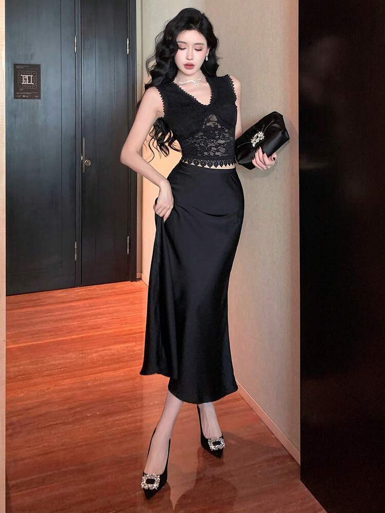 2pcs Lace Patchwork Fitted Waist V-Neck Party Suit Set For Women