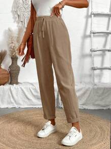 Breezaya Petite Quần dài thường ngày buộc túi phía trước màu trơn cho nữ, mặc hàng ngày - Màu Khaki - Xem 5