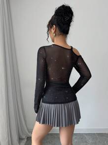 Elenzga 新款斜肩修身女式T恤，修身 - 黑色 - 查看 2