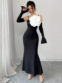 Elenzga Spaghetti Strap Off Shoulder Ruched Mermaid Hem Long Dress With 3D Floral Print And Bell Sleeves - Black - View 3