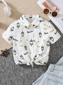 SHEIN 年轻女孩休闲领星月印花短袖前系带衬衫 - 白色 - 查看 1