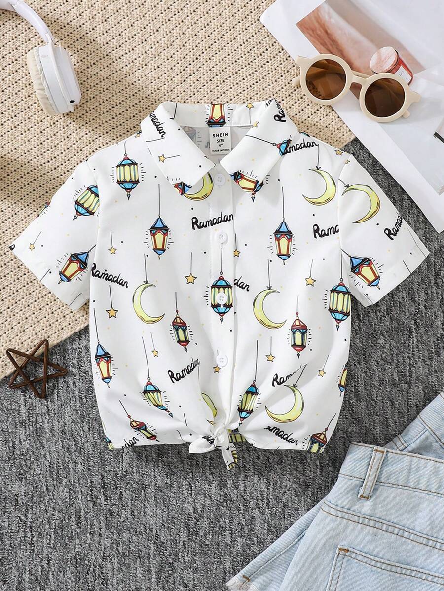 SHEIN 年轻女孩休闲领星月印花短袖前系带衬衫 - 白色 - 查看 1