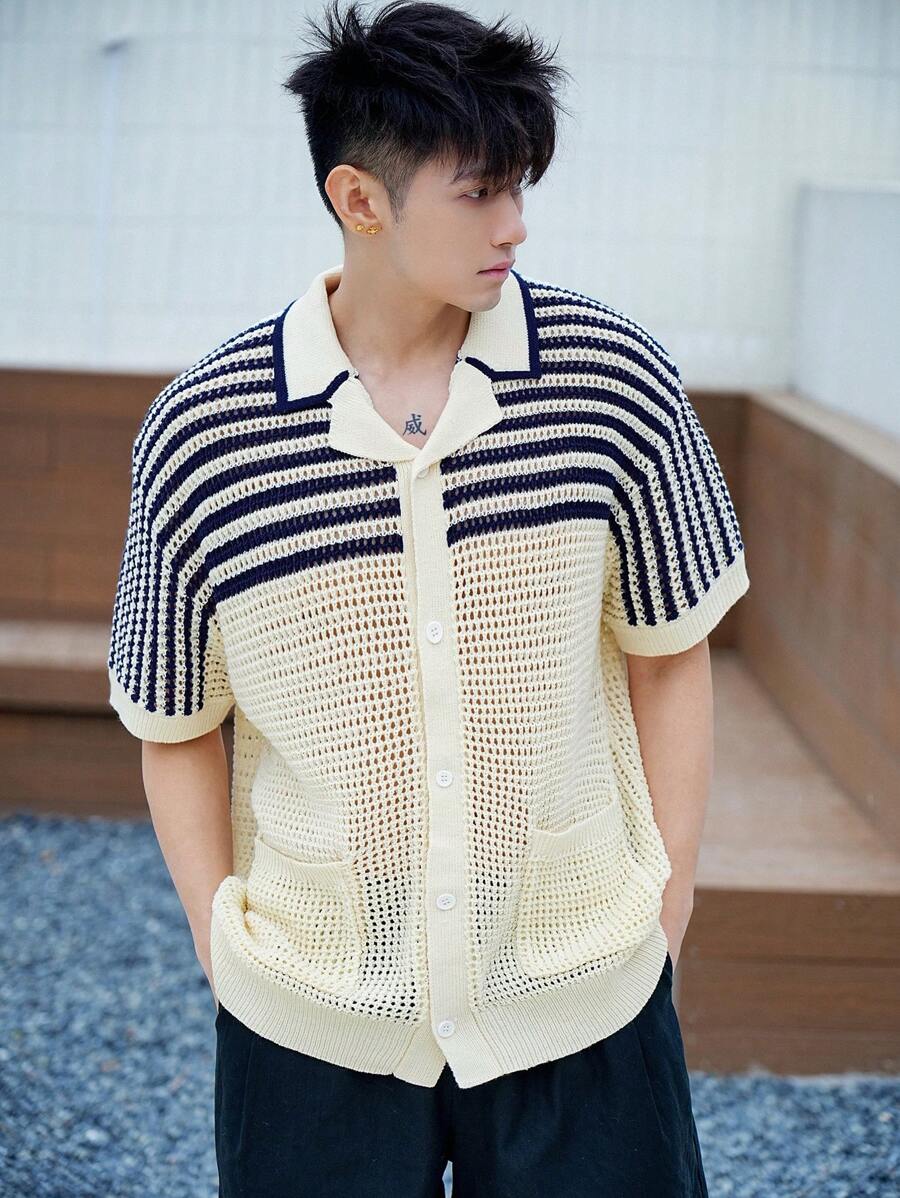 DAZY Asymmetrical Striped Hollow Out Lightweight Cardigan Sweater For Men, Summer - Apricot - View 1