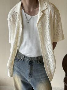 DAZY Men's Geometric Pattern Textured Fabric Apricot Color Casual Beach Vacation Shirt, Summer