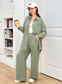 3pcs Teen Girl Green Casual Campus Style Loose Shirt, Tank Top And Pants Set Holiday Outfits - Green - View 3