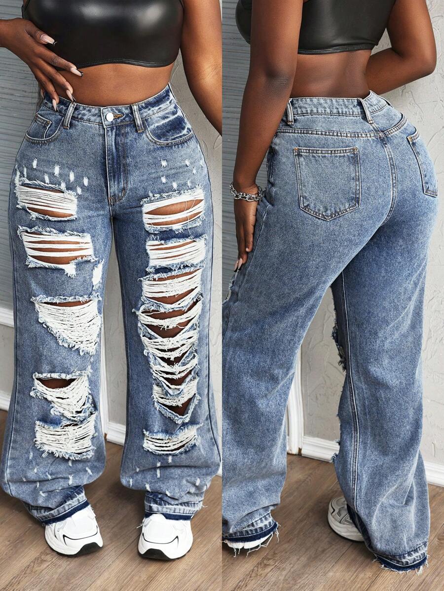 SHEIN Slayr 女式破洞直筒宽松牛仔裤，休闲时尚，适合日常穿着