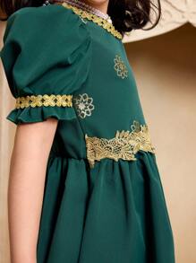 Robe de Ramadan pour jeune fille, robe élégante à la mode vert menthe avec manches bouffantes, garniture en dentelle florale dorée, gracieuse et luxueuse - Vert - Voir 4