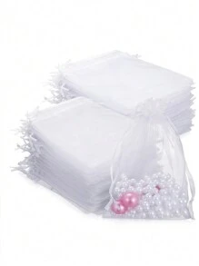 SHEIN 50/10Pcs Clear Gift Wrapping Bags, Various Sizes Suitable For Wedding, Party, Travel, Birthday, Anniversary Drawstring Organza Bags Gift Wrapping Bags, Suitable For Jewelry, Candy, Stationery And Other Small Items. Also Suitable For Decoration, Fruit Packaging And Pest-Proof Storage. Ideal For Parties And Dining Occasions, Perfect For Holiday Gifting-White
