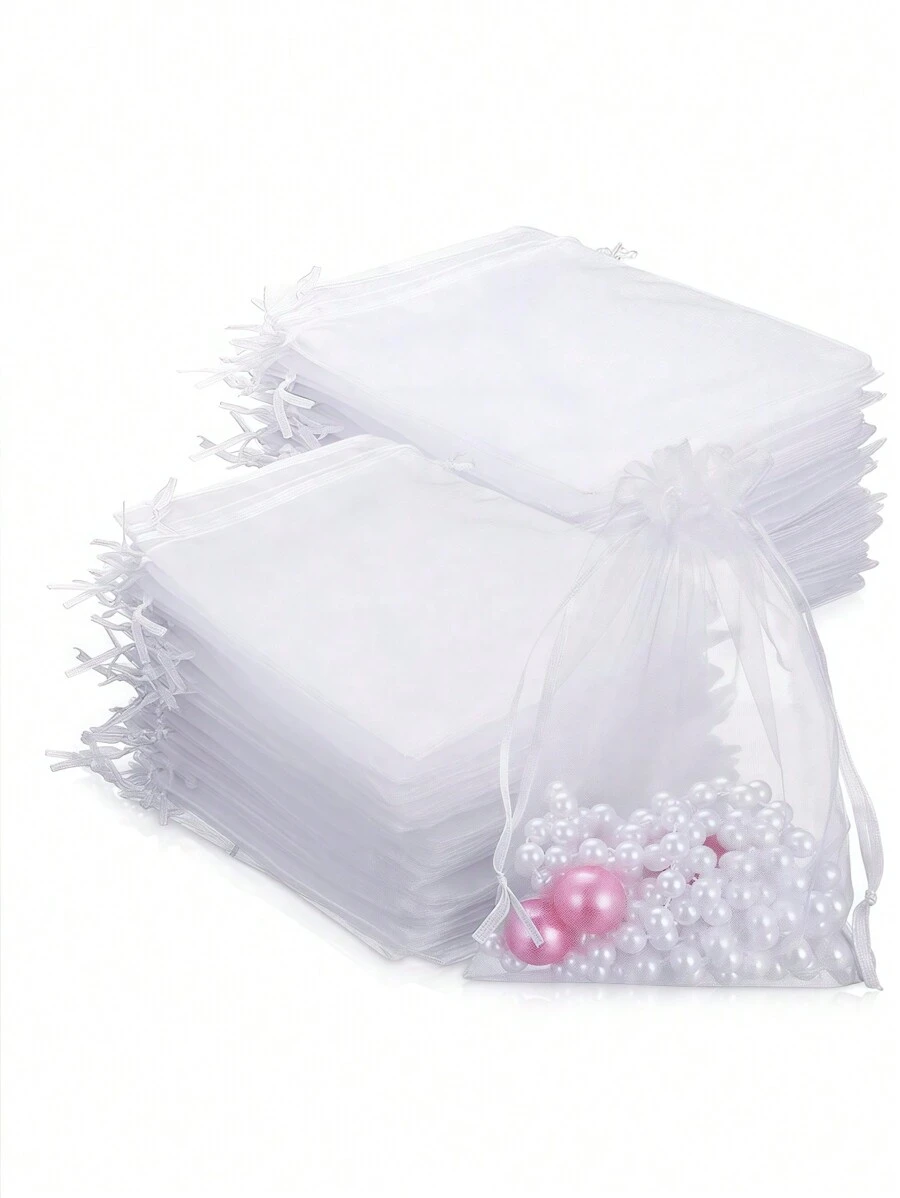 SHEIN 50/10Pcs Clear Gift Wrapping Bags, Various Sizes Suitable For Wedding, Party, Travel, Birthday, Anniversary Drawstring Organza Bags Gift Wrapping Bags, Suitable For Jewelry, Candy, Stationery And Other Small Items. Also Suitable For Decoration, Fruit Packaging And Pest-Proof Storage. Ideal For Parties And Dining Occasions, Perfect For Holiday Gifting-White