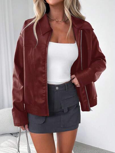 Women's Casual Red Zipper Loose PU Jacket, Autumn/Winter
