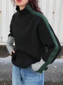 FRIFUL Women Plain Color Patchwork Stand Collar Long Sleeve Casual Sweater,Fall Clothes