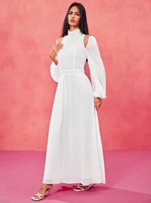 Oxana Vestido largo elegante de mujer diseñador de gasa blanca con mangas de farol y cuello alto, conjunto perfecto para el Día de San Valentín, primavera, festivales, conciertos, baile de graduación y bodas - Blanco - Ver 5