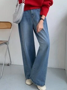 DAZY Women's Loose Wide Leg Side Pleated Flared Hem Long Denim Jeans, All Season