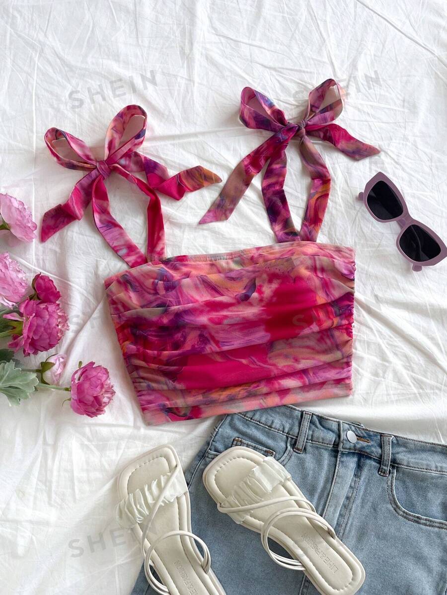 Soleia Top corto con tirantes y nudo delantero en estilo tie-dye, para vacaciones, citas, tardes de té, vacaciones, festivales de música, estilo bohemio - Multicolor - Ver 1