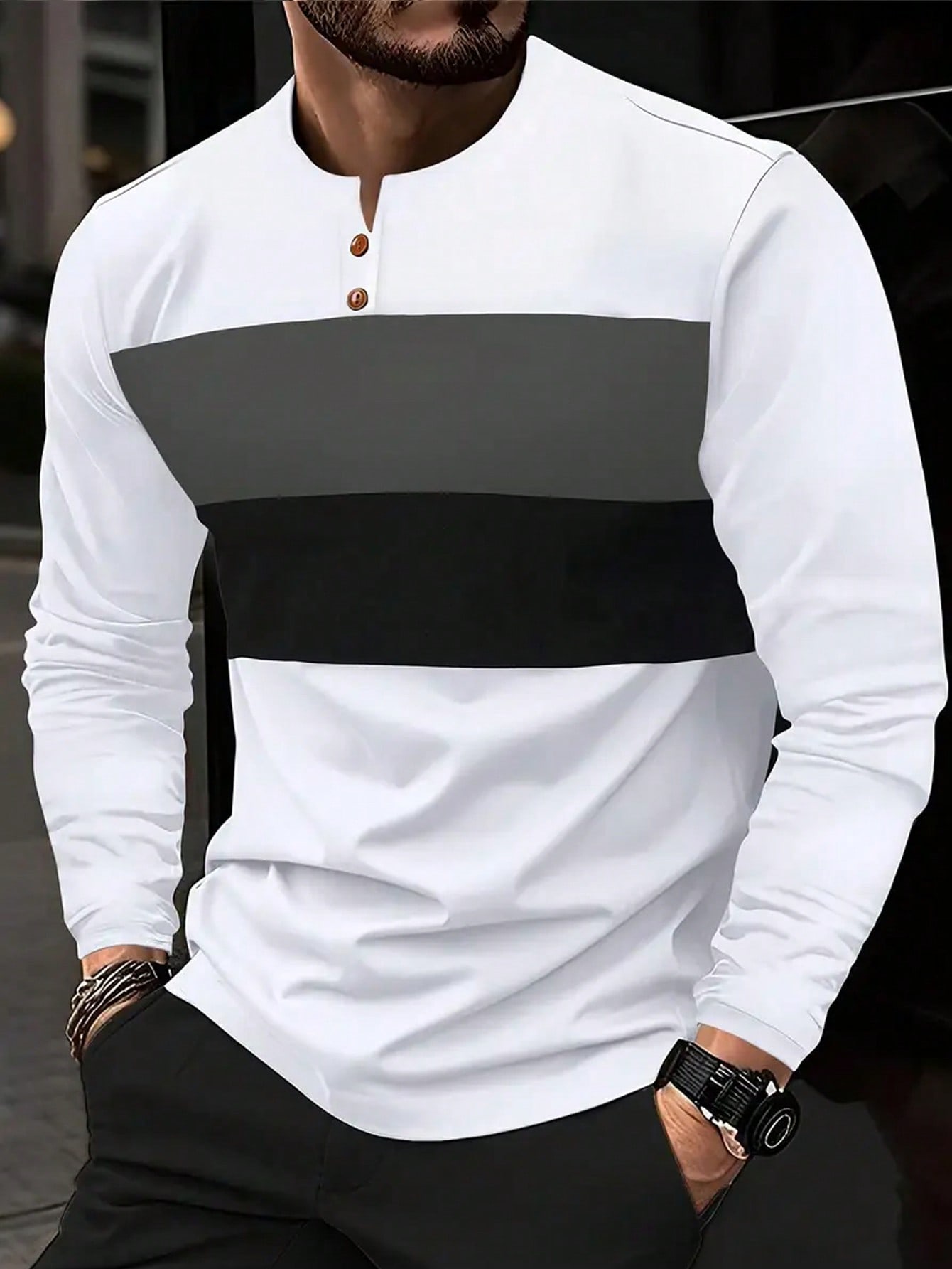 Manfinity Dauomo Men's Fashion Long Sleeve T-Shirt, Polyester Blended, Casual Crew Neck, Stretchy Knit, Color Block Design, Button Detail, Slim Fit, Suitable For Spring & Autumn, Men's Clothing
