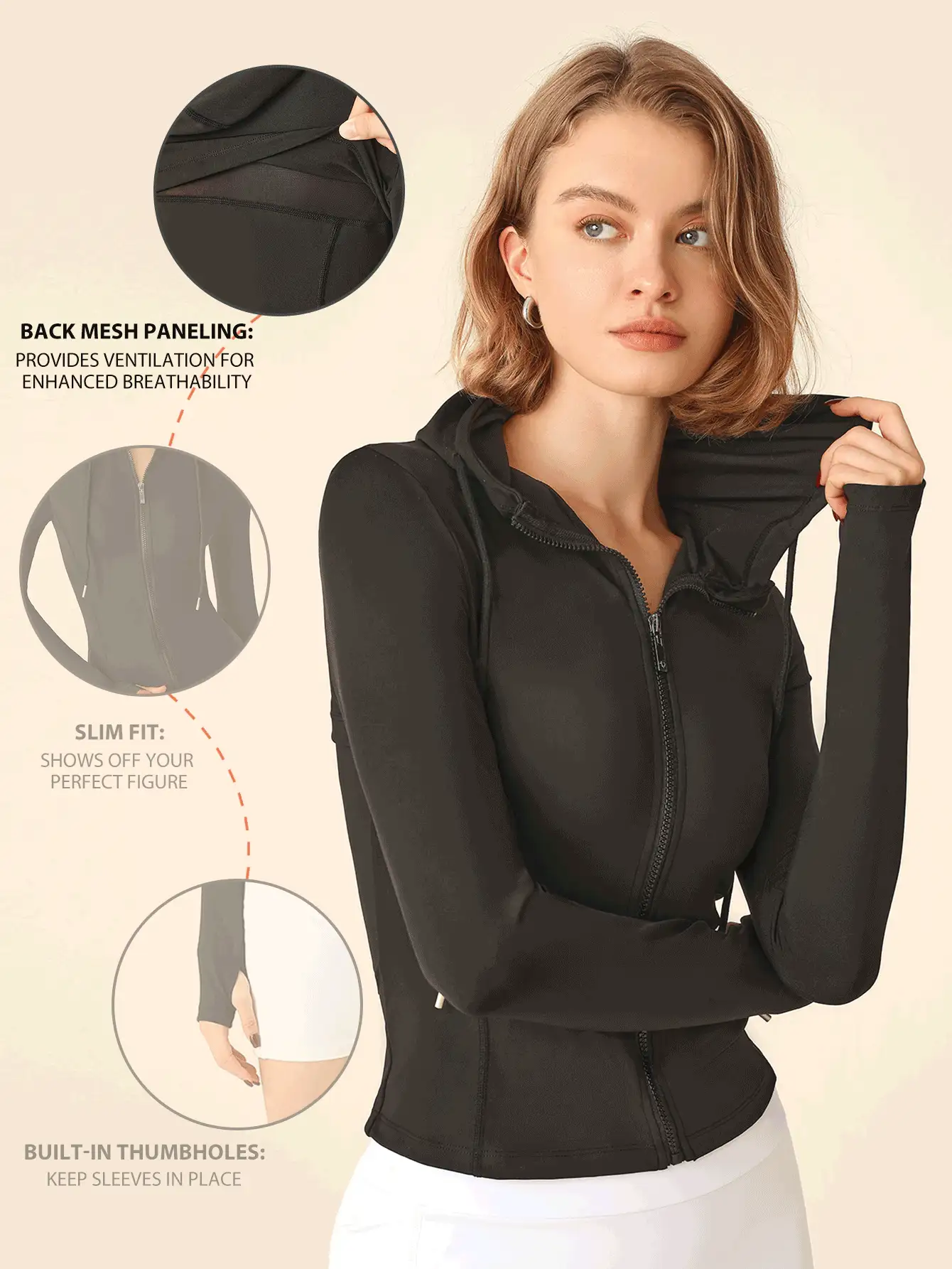 SHEIN Sports 女士纯色长袖拉链连帽抽绳运动夹克 - 黑色 - 查看 3