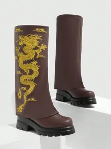 CUCCOO GRLICON Women's Dragon Embroidered Over-The-Knee Boots, Y2K Punk Style, Suitable For Halloween, Christmas, Party Outfits - Brown - View 10
