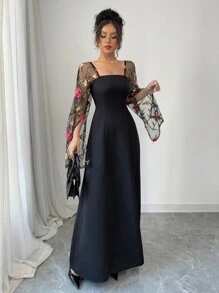 Elenzga Đầm dự tiệc sang trọng thêu hoa hồng tương phản lưới đen thanh lịch cho nữ - màu đen - Xem 4