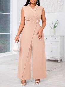 SHEIN Lady Plus Size Nude Elegant Sleeveless Jumpsuit With Pearl Buttons And High Slit - Khaki - View 3