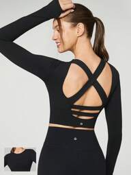 GLOWMODE FeatherFit™ Criss Cross Backless Cropped Sports Long Sleeve Tee Low Impact Yoga Daily