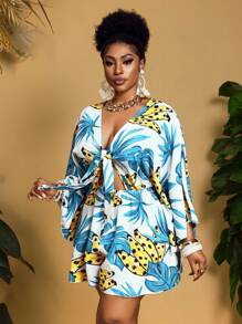 Slaydiva Plus Size Front Tie Long Sleeve Floral Print Casual Romper - Multicolor - View 5