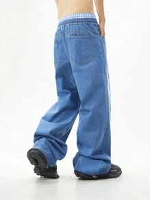 ROMWE MEN Prep Men's Lace-Up Pocket Letter Print Casual Plain Jeans