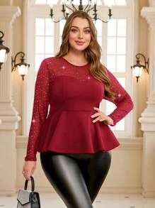 SHEIN Clasi Plus Size Carnival T-Shirt, Mesh Patchwork, Fitted With Ruffle Hem, Black, For Autumn - Red - View 3