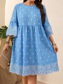 EMERY ROSE Plus Size Women Embroidered Trim Round Neck Light Blue Dress,Boho Vacation Holiday Summer Outfits,Casual Blue And White Autumn St Patrick Day Clothing - Blue and White - View 4