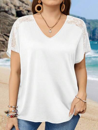 EMERY ROSE 大码V领蕾丝拼接短袖休闲上衣