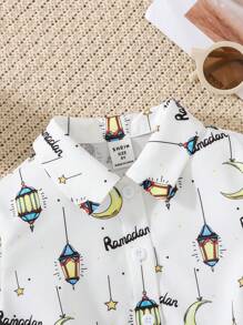 SHEIN 年轻女孩休闲领星月印花短袖前系带衬衫 - 白色 - 查看 3