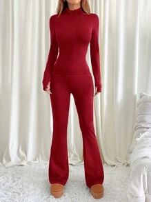 SHEIN EZwear 2pcs Women Solid Color Zip Up Jacket & Flared Pants Set - Red - View 1