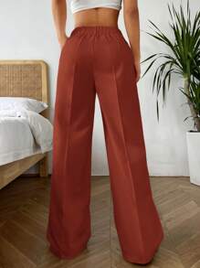 SHEIN EZwear 女士纯色褶皱宽松裤，休闲日常穿着 - 紅色 - 查看 2