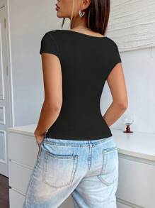 INAWLY 女士夏季休闲纯色甜心领扭纹 T 恤图案 T 恤女式上衣 - 黑色 - 查看 2