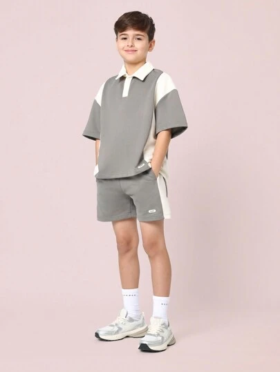 SUMWON 男童设计师套装运动休闲方块图案 Polo 衫短款套装学校春夏校服运动套装配套服装