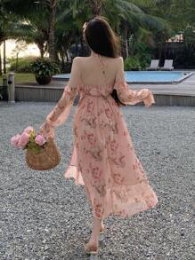 DAZY Vacation Style Beach Ditsy Floral Ruffle Trim Off Shoulder Midi Dress For Women,Summer