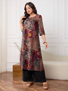 Lacomfia Asymmetrical Hemline Printed Shirt Dress, Round Neck, Spring/Summer - Multicolor - View 8