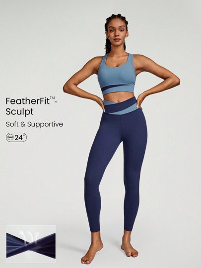 GLOWMODE Legging de Compressão Cruzada Bicolor FeatherFit™-Sculpt de 24 pol., Impacto Médio, Treino Diário, Academia, Outono Inverno