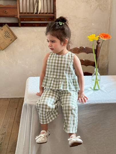 LMoss Kids Baby flickor vävd rutig volang Casual skjorta & löst vävda byxor Set