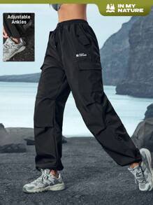 In My Nature Pantalones cargo holgados con impresión de letras, cintura con cordón y bolsillos para mujer