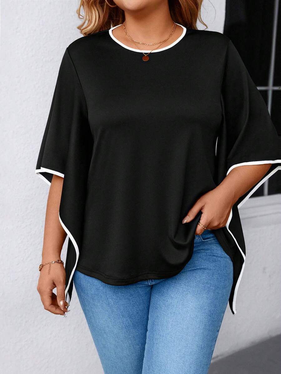 SHEIN LUNE Plus Size Casual Minimalist Color Block Flared Cuff T-Shirt - Black - View 1