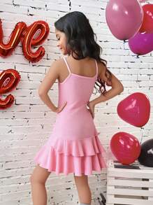 Vestido informal de color rosa liso con detalles de lazo y tirantes de espagueti minimalista, adecuado para el tiempo libre y vacaciones, cumpleaños, para niñas preadolescentes