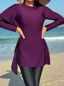 Swim Mulvari Summer Women's Loose Long Sleeve Round Neck Solid Color Beach T-Shirt With Waist Side Flying Edge And Solid Black Long Pants Burkinis Swimsuit Purple Clothes Set Arabic Clothing - Purple - View 5