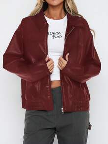女士休闲红色拉链宽松 PU 夹克，秋冬 - 酒紅色 - 查看 3