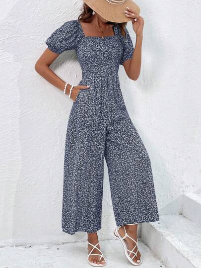 SHEIN Clasi Women Minimalist Allover Print Square Neck Short Sleeve Jumpsuit, Casual