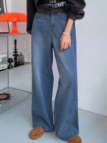 DAZY Women's Loose Wide Leg Side Pleated Flared Hem Long Denim Jeans, All Season