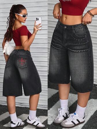 SHEIN ICON 女士前口袋纽扣休闲牛仔短裤，日常穿着