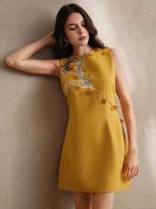 Anewsta Luxury Sleeveless Yellow Heavily Sequins & Embroidered Floral Dress For Women, Spring/Summer Outfit - Yellow - View 2